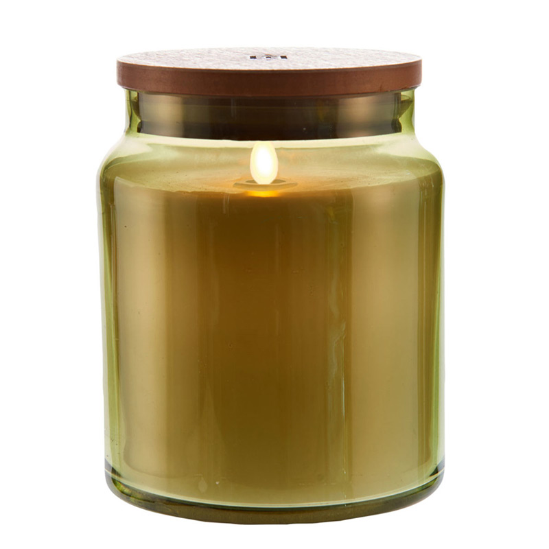 LIGHTLi Moving Flame Green Glass Jar Candle 4 x 5.5 Inch Remote Ready