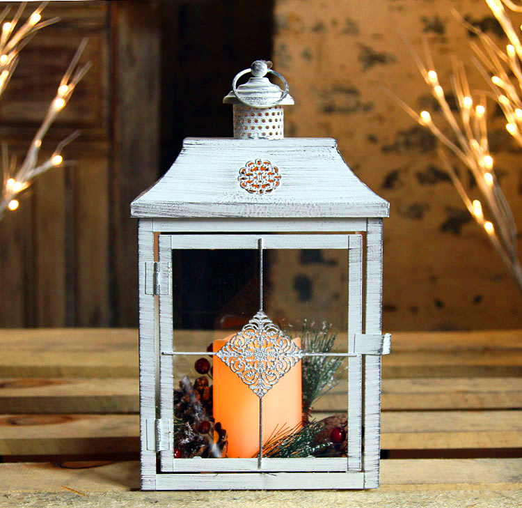 Antique White Flameless Candle Lantern with Removeable Pinecone Decor