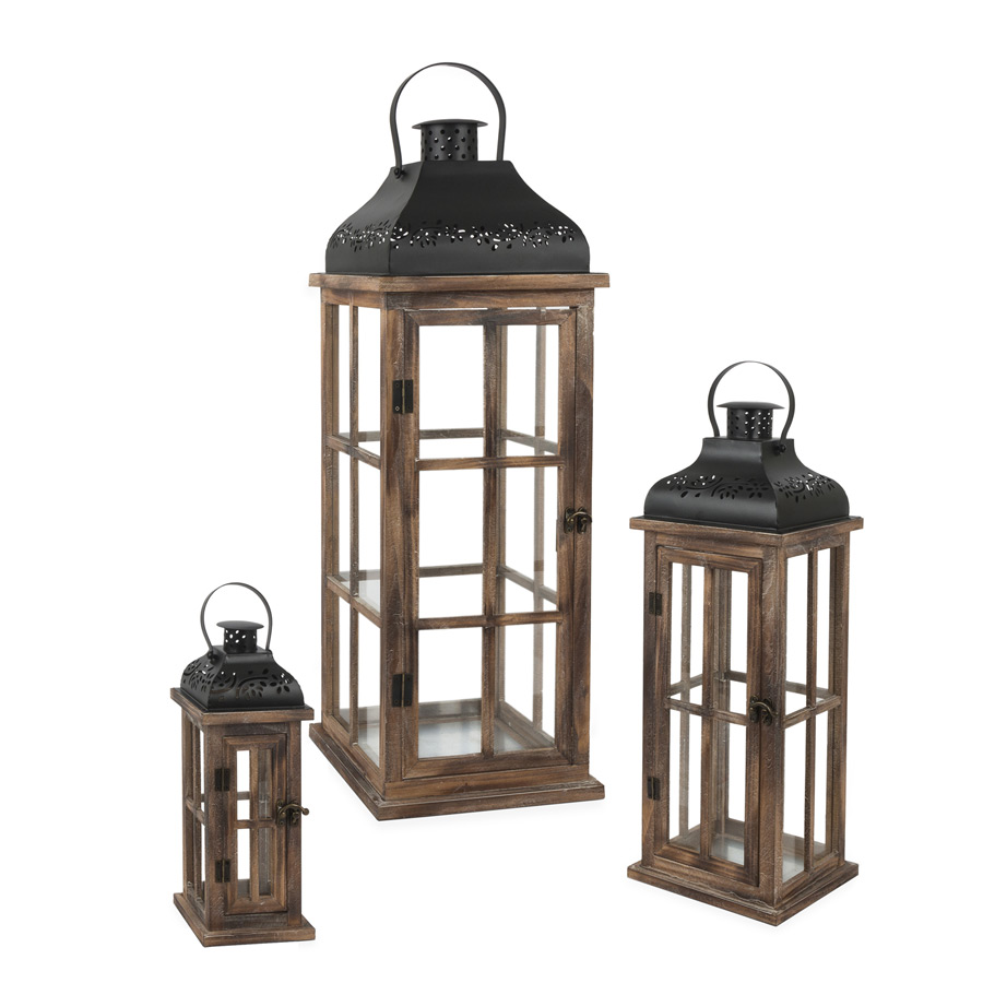 Set of 3 Antique Wood Lanterns With Metal Tops 12.5 20 and 28 Inch