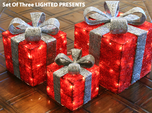 Set of 3 Electric Pre-Lit Packages with Silver Ribbon