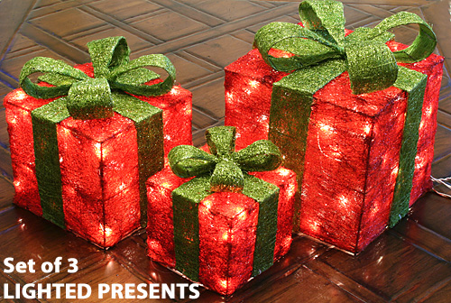 Set of 3 Lighted Presents with Light Green Ribbon