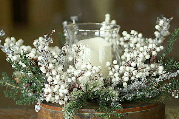 hurricane candle holder iced pine with white berries 20 mesh net lights