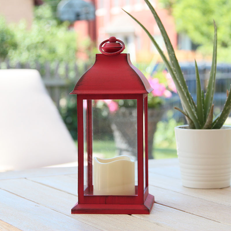 Battery Operated Brushed Red Candle Lantern 12 Inch 8 Hour Timer