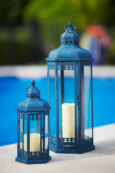 Set of 2 Blue Candle Lanterns - Iron and Glass 14 and 25 Inch - Buy Now
