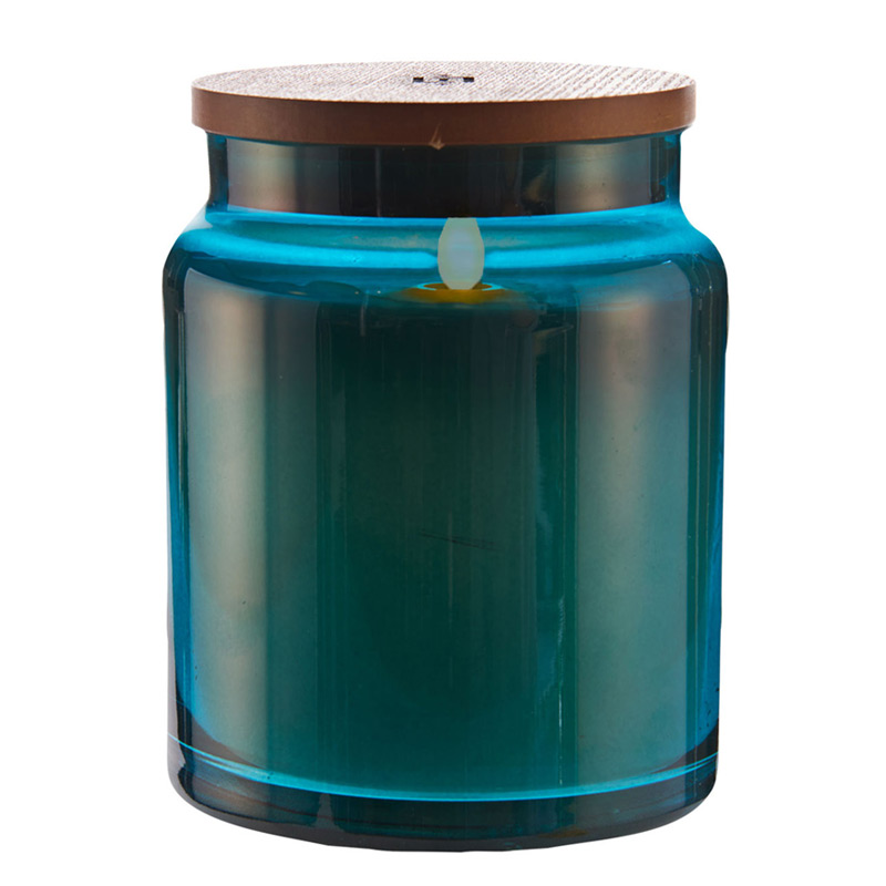 LIGHTLi Moving Flame Blue Glass Jar Candle 4 x 5.5 Inch Remote Ready