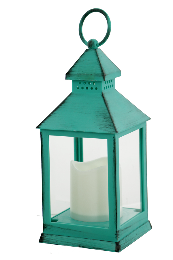 Battery Operated Teal Blue Candle Lantern 9.5 Inch 8 Hour Timer Buy Now