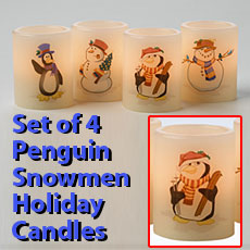Set Of 4 Snowmen and Penguin Holiday Battery Operated Candles