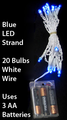 20 Bulb Blue LED Mini Lights - White Wire 8 Foot Long - Buy Now
