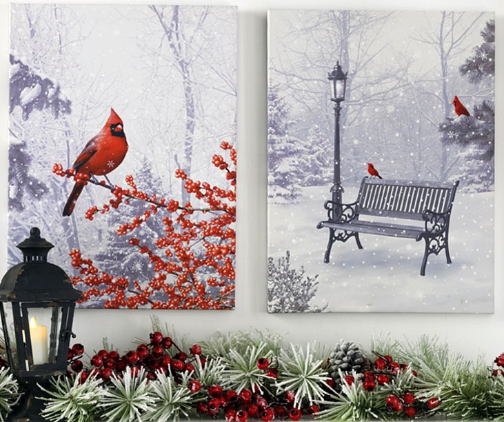 Raz 24 Inch Twinkling LED Lighted Cardinal Scene Print On Canvas Buy Now