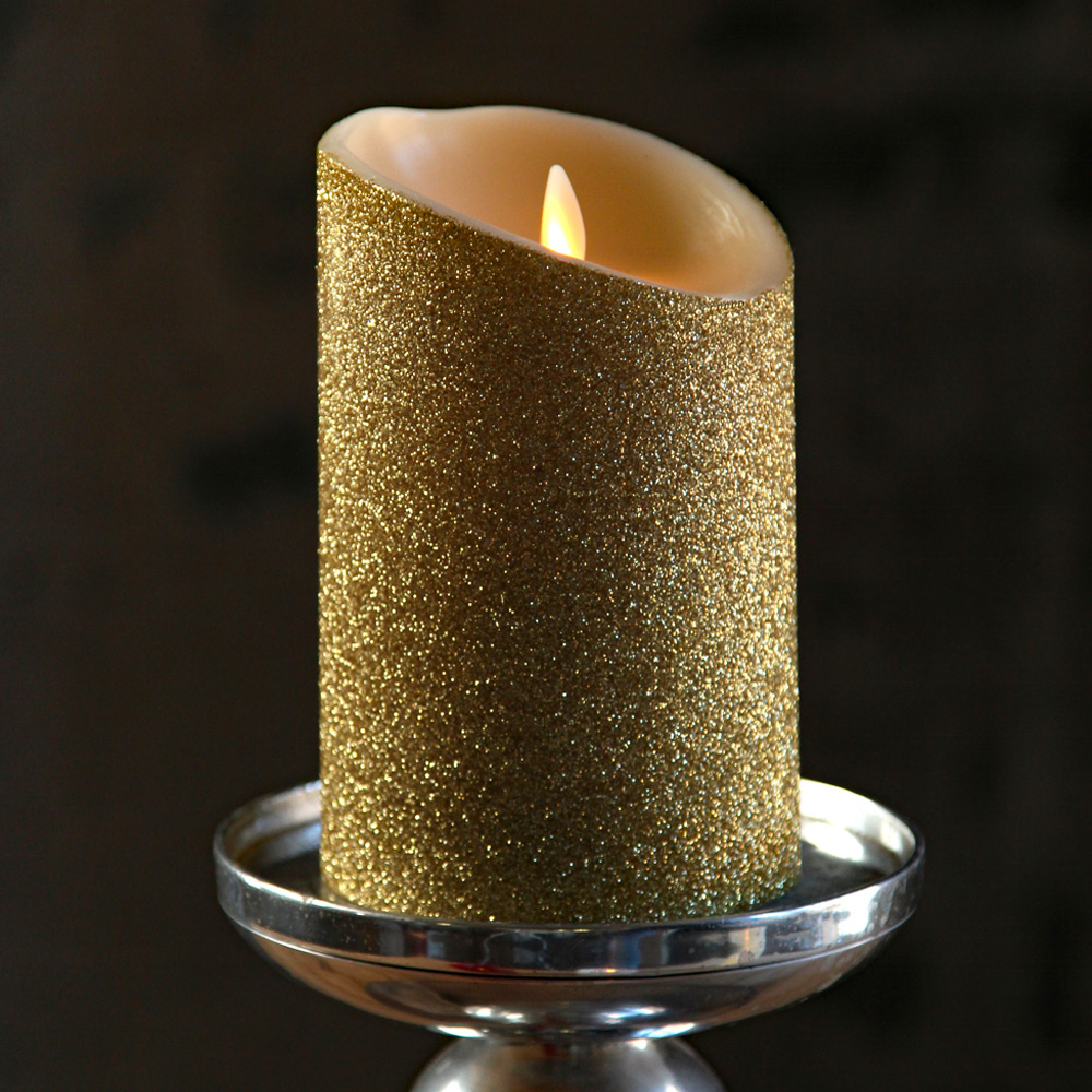Moving Flame Gold Glitter Candle Battery Operated 3.5 x 5 Timer
