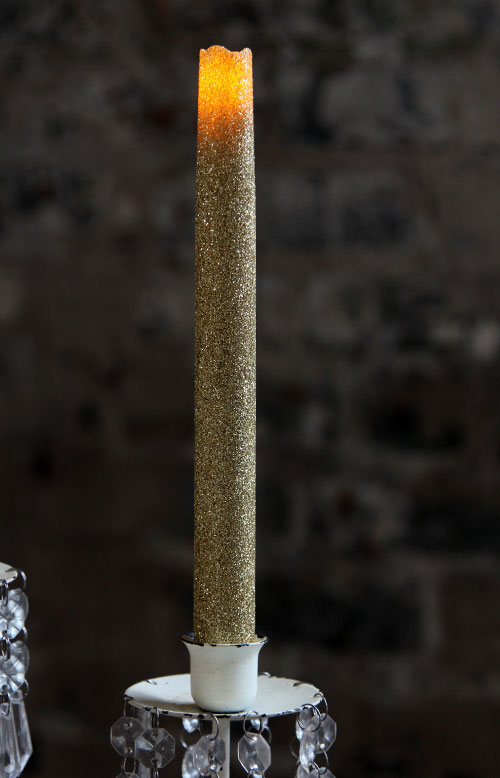 9 Inch Flameless Taper Candle with Gold Glitter 6 Hour Timer Buy Now