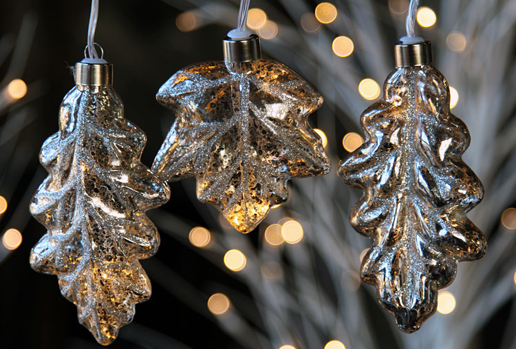 Silver Mercury Glass String Lights - Leaf Design Battery Operated Set of 5 with Timer - Buy Now