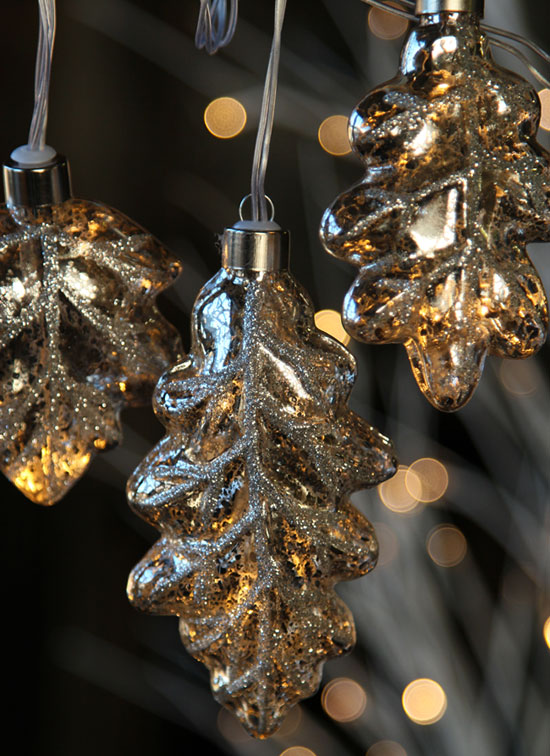 Silver Mercury Glass String Lights Leaf Design Battery Operated Set
