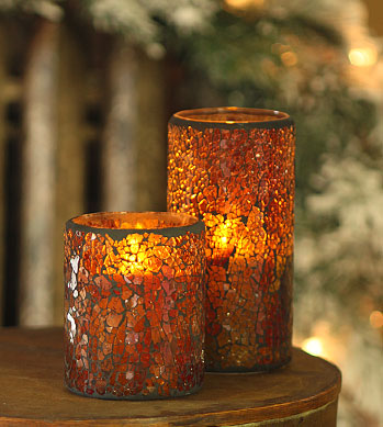 4 Inch Amber Mosaic Glass with LED Battery Operated Candle - Timer
