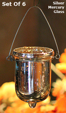 Hanging Tealight Holder Set of 6 Silver Mercury Glass