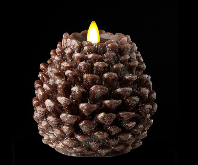 Moving Flame 4.5 Inch Brown Glitter Pine Cone Flameless Candle Remote Ready Timer Buy Now