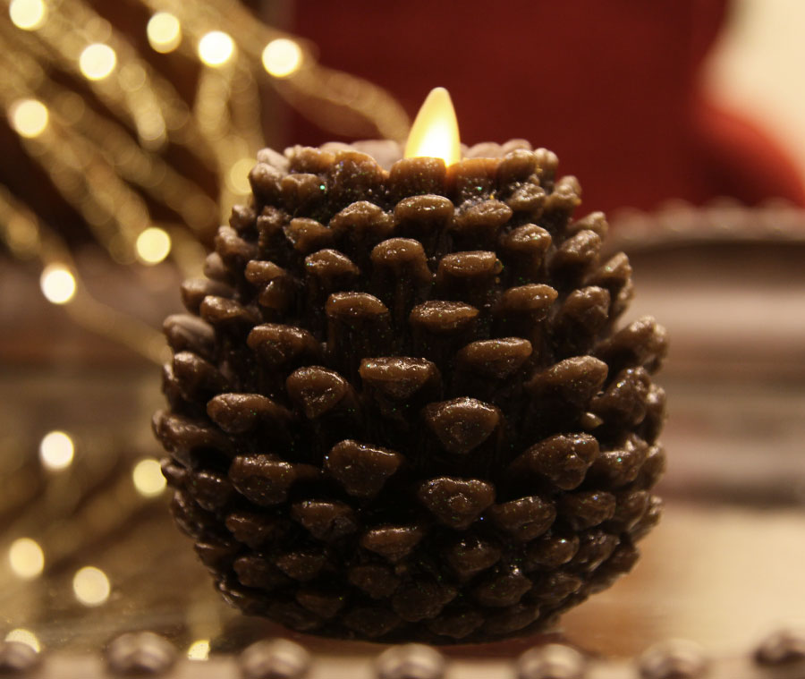 Moving Flame 4.5 Inch Brown Glitter Pine Cone Flameless Candle Remote Ready Timer Buy Now