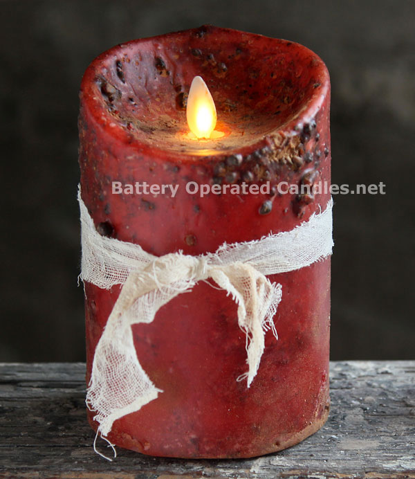 Moving Flame Primitive Burgundy Candle Battery Operated 3.5 x 5 Timer