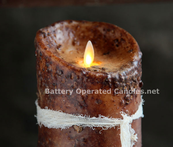 Moving Flame Primitive Brown Candle Battery Operated 3.5 x 7 Timer