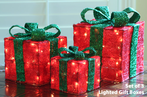 Set of 3 Electric Illuminated Packages with Dark Green Ribbon