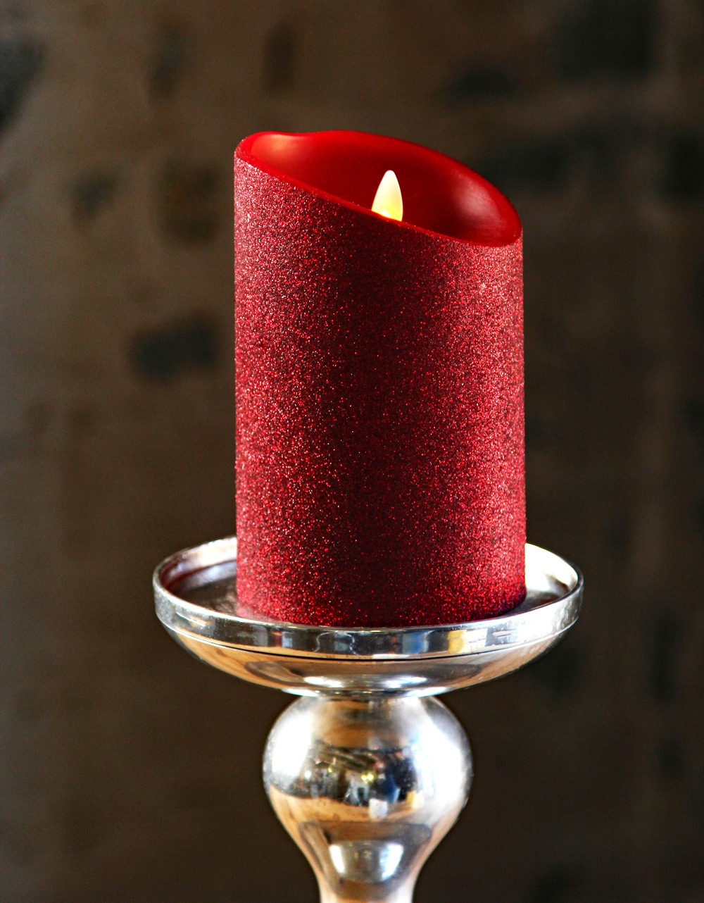 Moving Flame Red Glitter Candle Battery Operated 3.5 x 5 Timer Remote