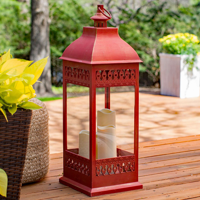 Red Triple Pillar Flameless Outdoor Candle Lantern 28.5 Inch Timer