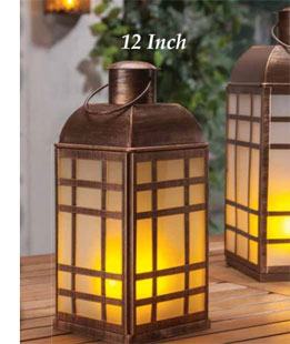 12 Inch FireGlow LED Brushed Copper Metal Square Lantern - Timer