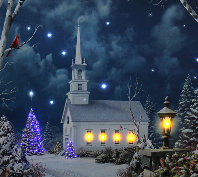 Lighted Church Scene with Colorful Rice Lights - Lighted Canvas Art - Timer