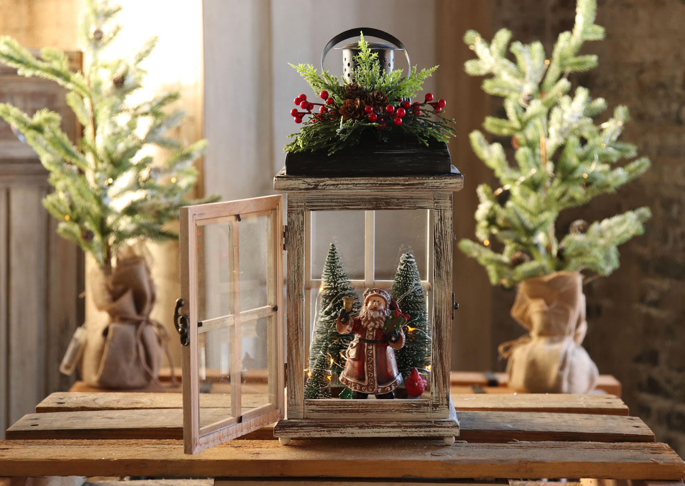 Battery Operated Lighted Wood Lantern - Santa Clause Christmas Scene 15