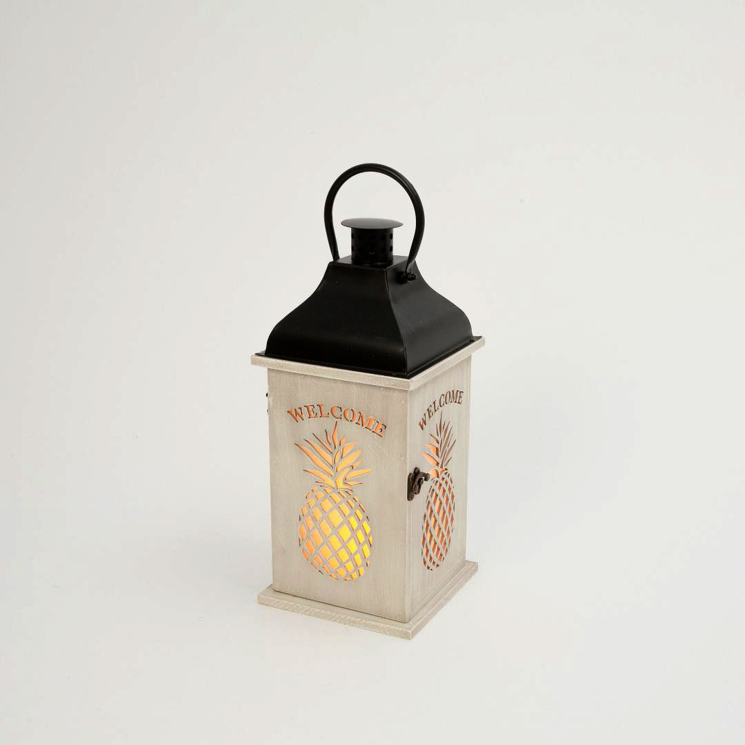 Pineapple Lantern Wood and Metal Battery Operated 12 Inch