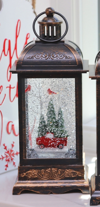 Red Truck Lighted Antique Bronze Snow Globe With Swirling Glitter Red Truck Lighted Antique Bronze Snow