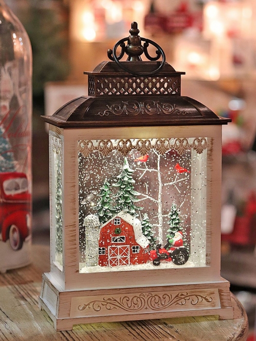 11 Inch Red Barn In The Woods Lighted Water Lantern Optional