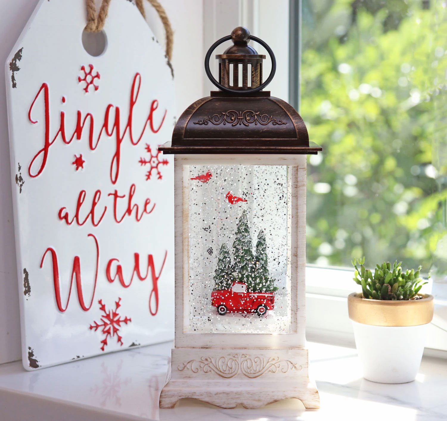 Red Truck Lighted Antique White Snow Globe With Swirling Glitter - Timer