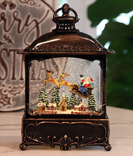 11 Inch Decorative Bronze Water Lantern With Flying Santa In Swirling Glitter