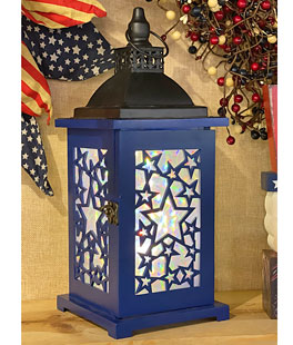Blue Battery Operated Lighted Wood & Metal Americana Hologram Lantern - 13 Inch
