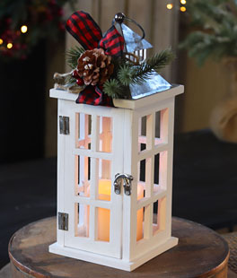 Windowpane Christmas Candle Lantern White Wood With Metal Top - Floral Accents 12.5 Inch