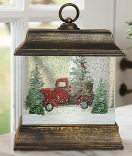 9.5 Inch Woodland Truck Scene Lighted Water Lantern In Swirling Glitter