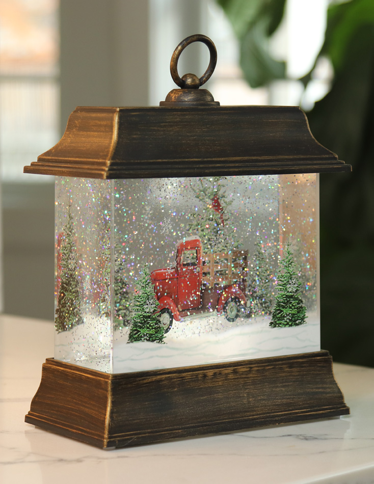 9.5 Inch Woodland Truck Scene Lighted Water Lantern In Swirling Glitter