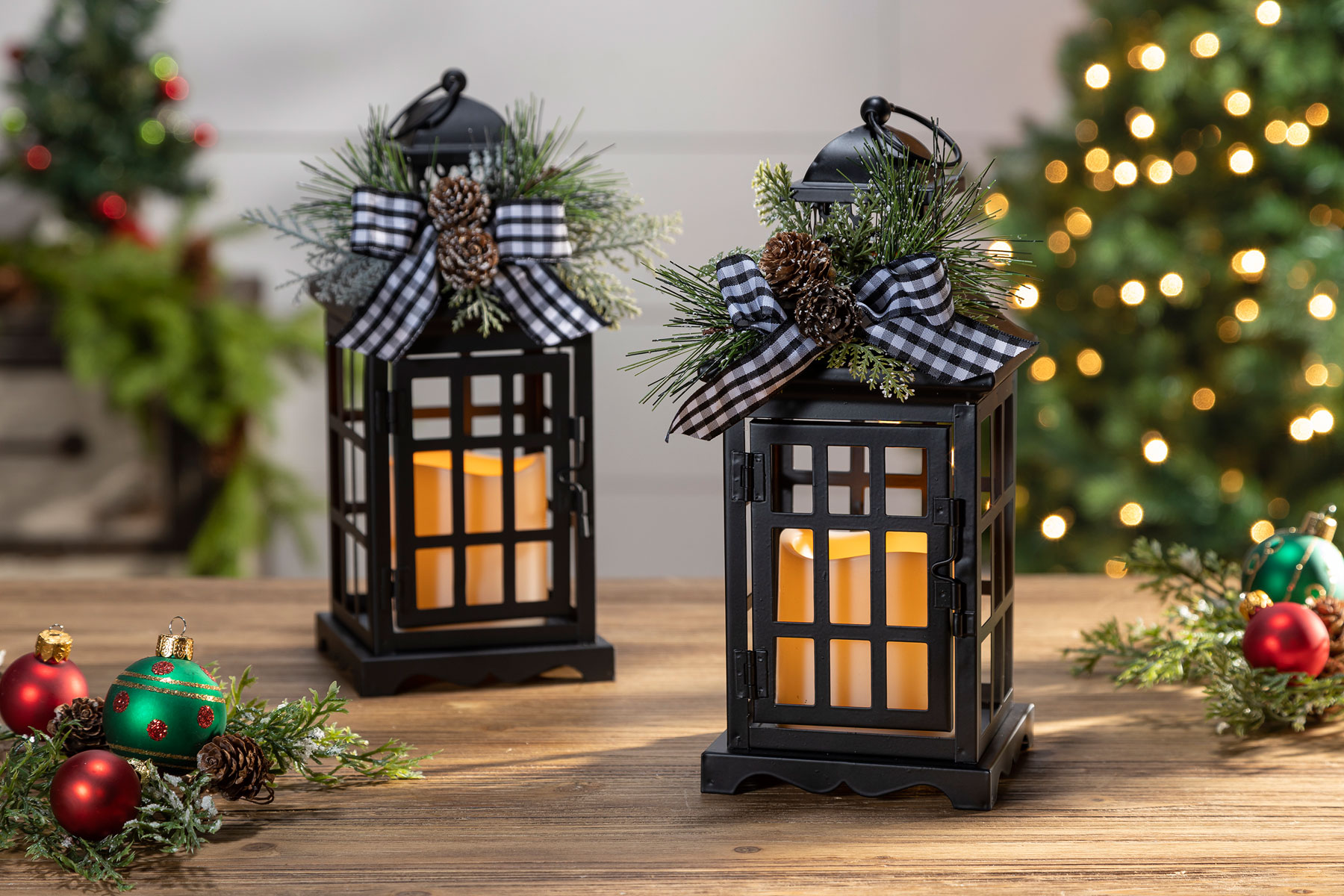 20-Inch Set of 2 Black Metal Decorative Lanterns - LED Battery Timer Pillar  Candles with Fall Accents - Hanging or Tabletop Thanksgiving Decorations 