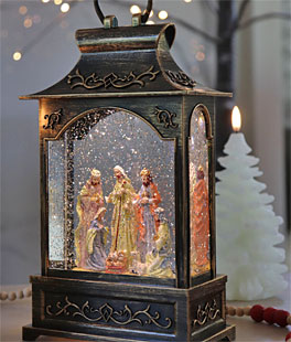 Antique Bronze Nativity Scene Lighted Water Lantern With Swirling Glitter