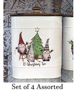 Gnome Design Canisters Metal With Wood Lids Set of 4 Assorted