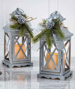 Set of 2 Silver Lighted Christmas Metal Holiday Lanterns with Floral Accents