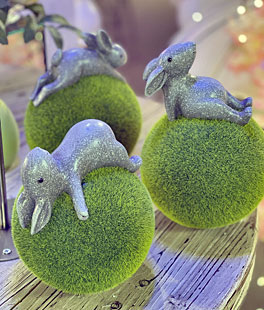 Set of 3 Resin Bunnies on Moss Ball 7.6 Inch - NEW 2023