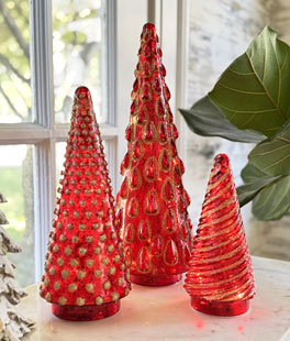 Red Lighted Set of 3 Battery Operated Mercury Glass Trees - New 2025 