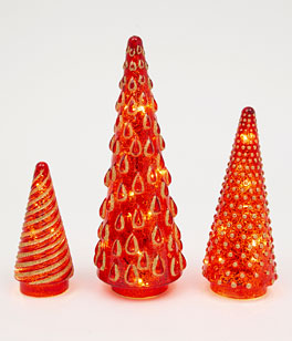 Red Lighted Set of 3 Battery Operated Mercury Glass Trees - New 2025
