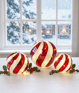 Lighted Peppermint Battery Operated Mercury Glass Orbs Set of 3 - New 2026