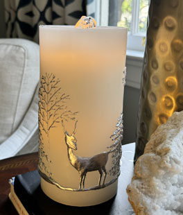 Fountain Candle - White Wax With Silver Trees and Deer Design - Remote Control - NEW 2026