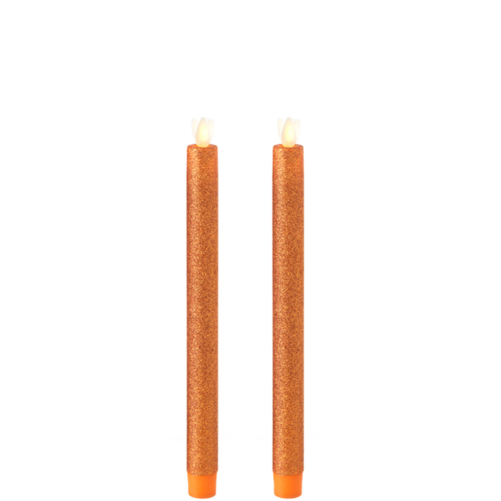 10 Inch Glitter Orange Moving Flame Taper Candle Set 2 Remote Ready