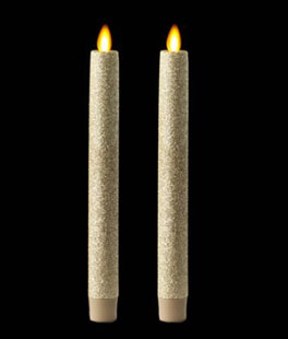 10 Inch Glitter Tiffany Champagne Moving Flame Taper Candle Set - 2 Remote Ready