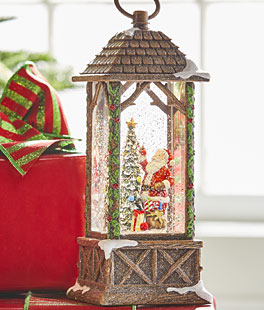 Santa Decorating Christmas Tree Woodland Carved House With Ivy Lighted Water Lantern